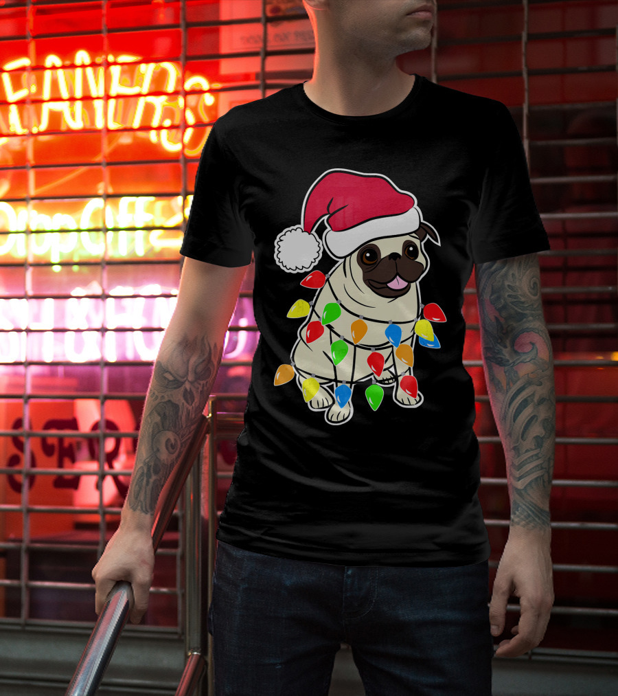 Christmas Pug Santa Pug With Festive Lights And Santa Hat T-Shirt