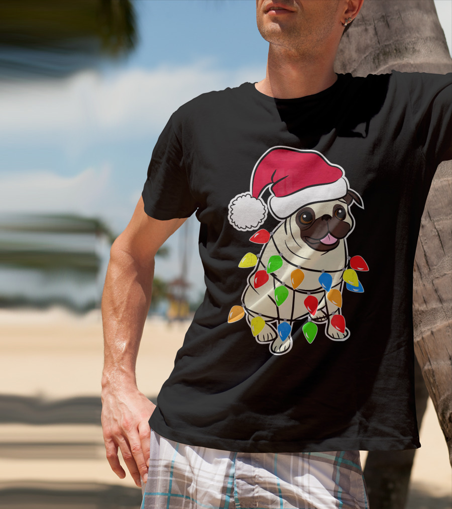 Christmas Pug Santa Pug With Festive Lights And Santa Hat T-Shirt