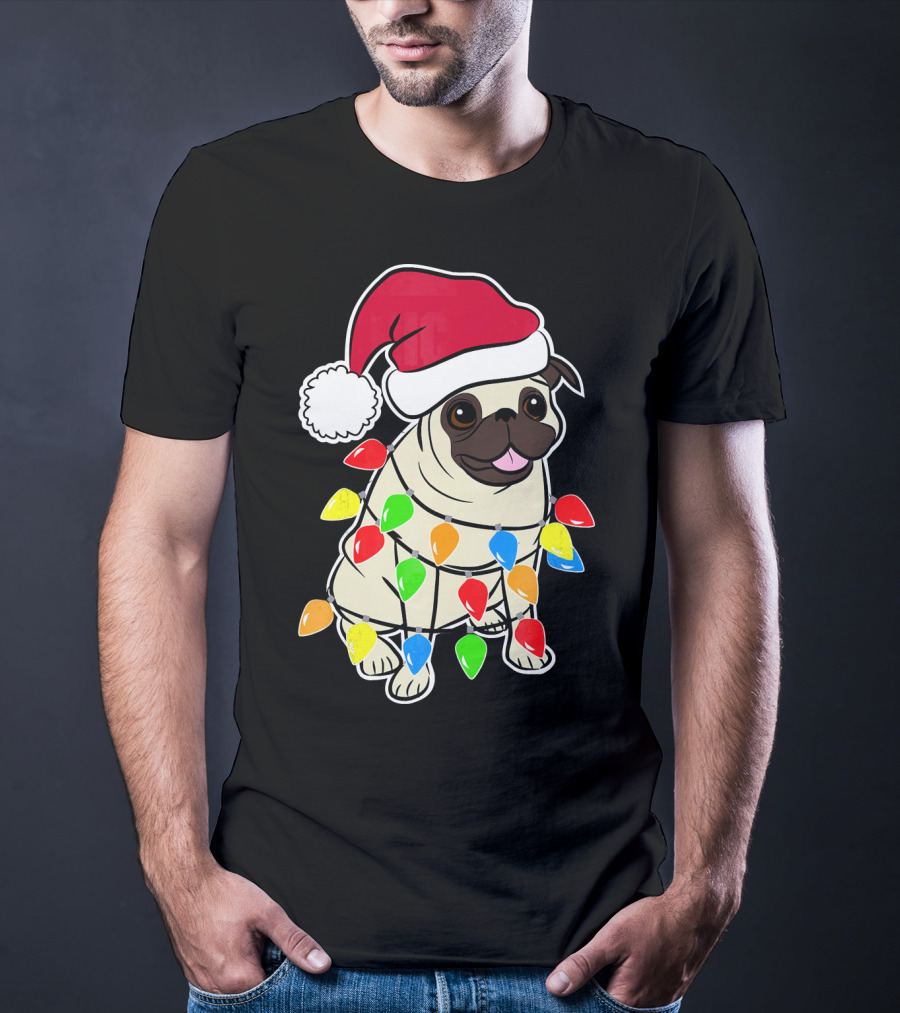 Christmas Pug Santa Pug With Festive Lights And Santa Hat T-Shirt