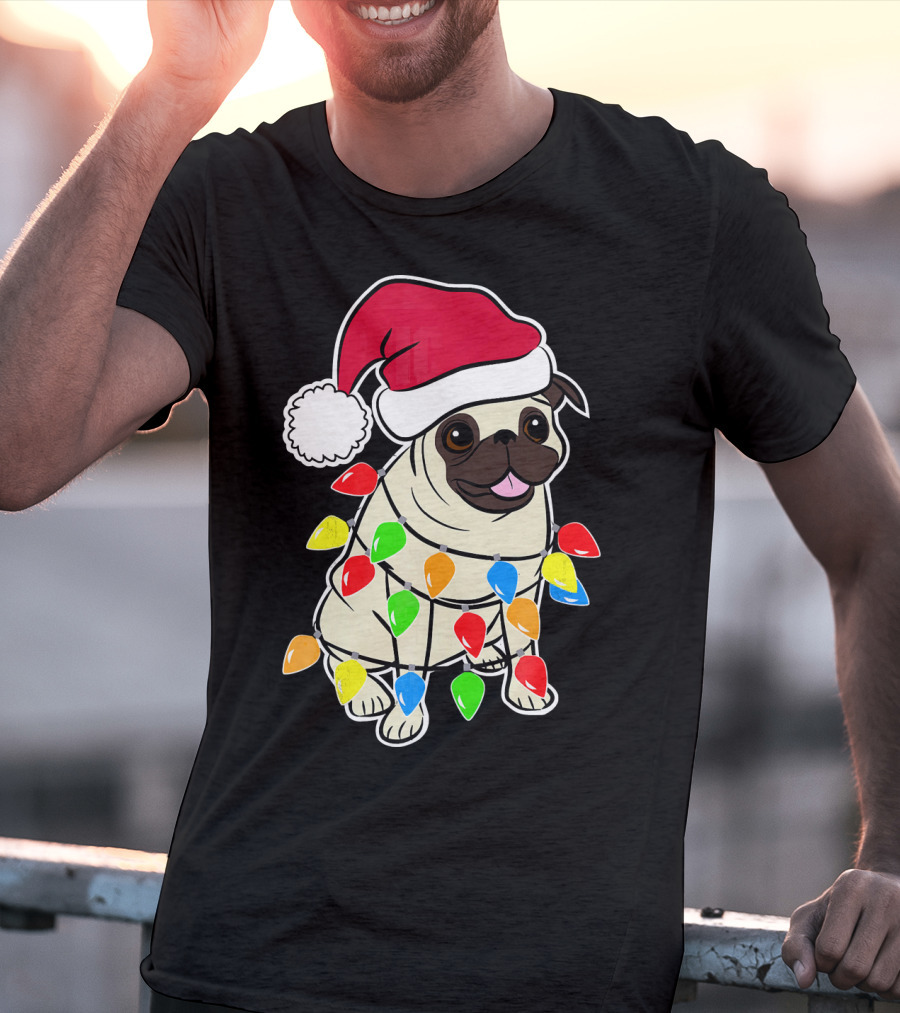 Christmas Pug Santa Pug With Festive Lights And Santa Hat T-Shirt