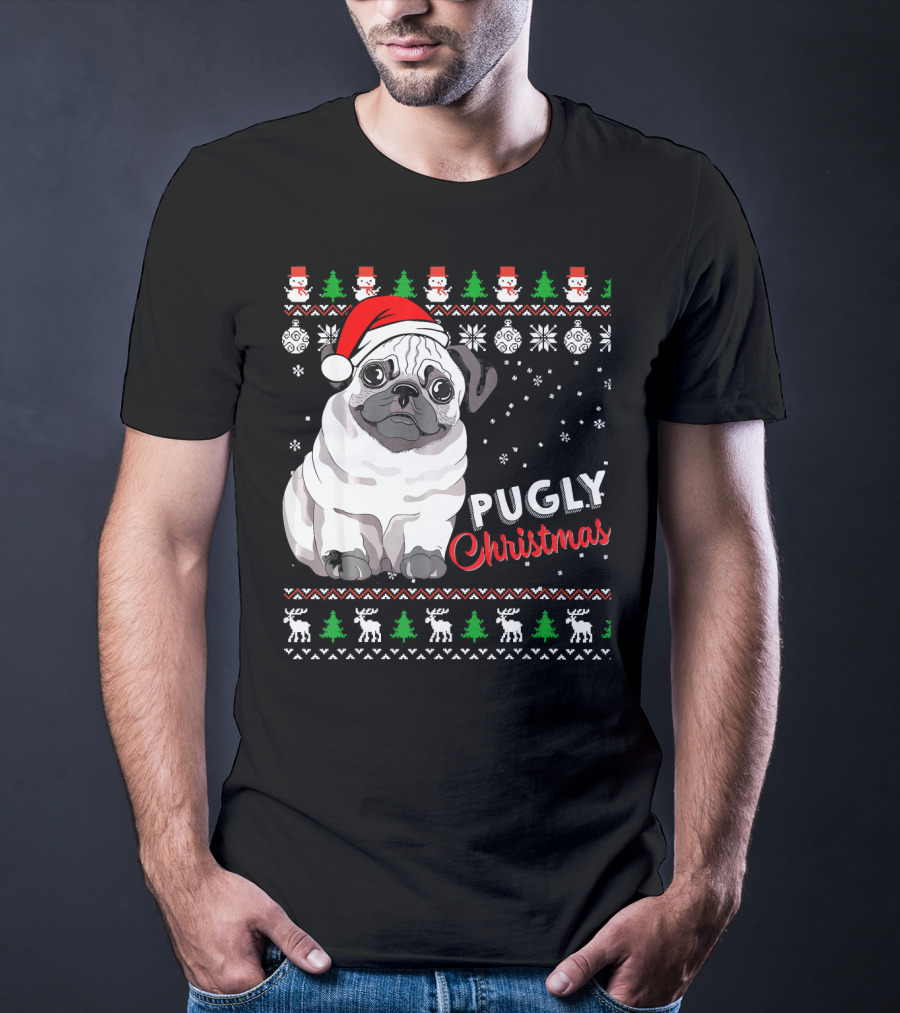 Pugly Christmas Santa Hat Snowflakes Ugly T-Shirt