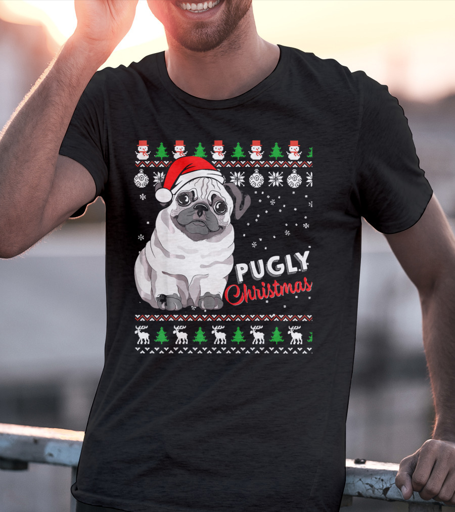 Pugly Christmas Santa Hat Snowflakes Ugly T-Shirt