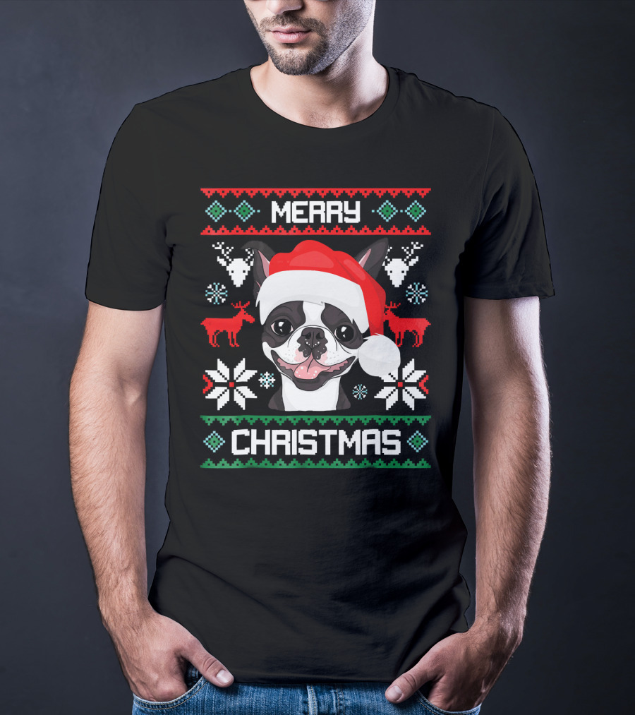 Merry Christmas Boston Terrier Santa Hat Ugly Sweater Holiday T-Shirt