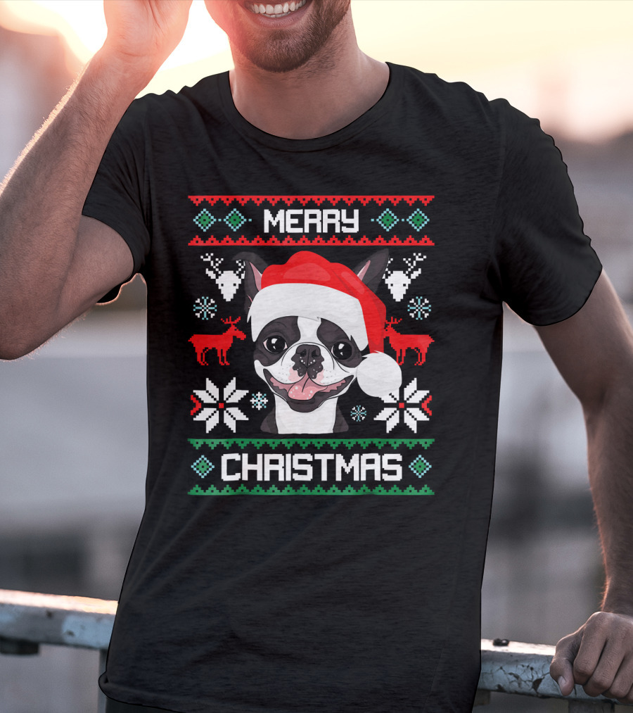 Merry Christmas Boston Terrier Santa Hat Ugly Sweater Holiday T-Shirt