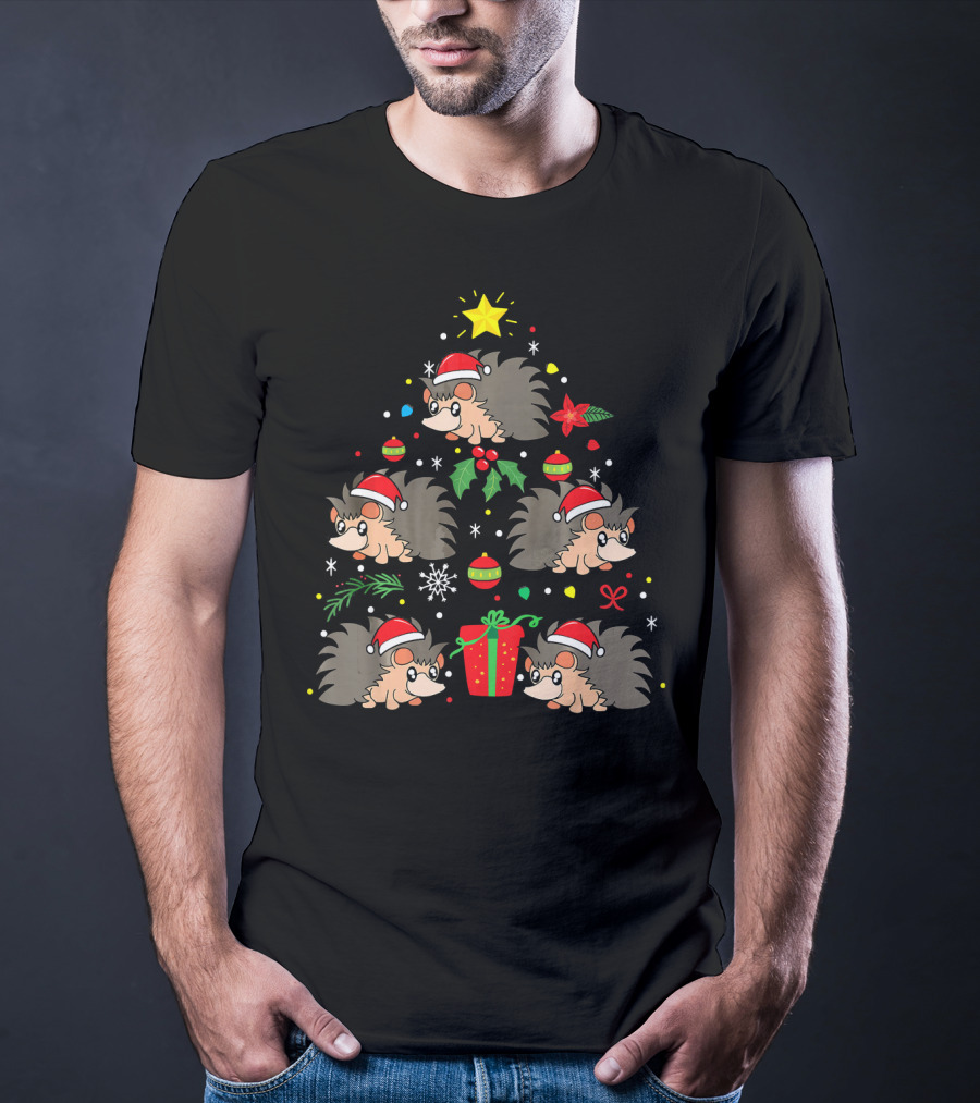 Santa Hat Hedgehog Christmas Tree With Ornaments And Gift T-Shirt