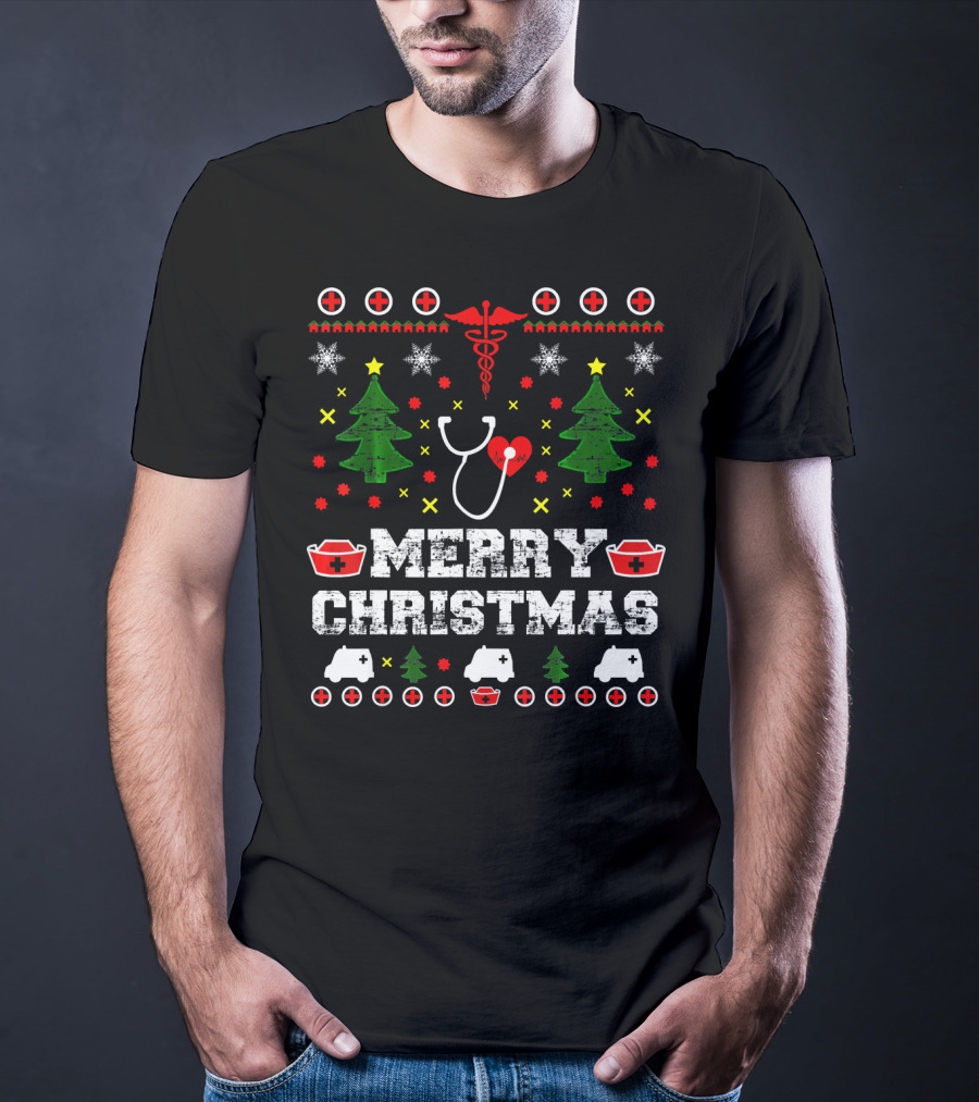 MERRY CHRISTMAS Nurse Ugly Stethoscope And Medical Symbols T-Shirt