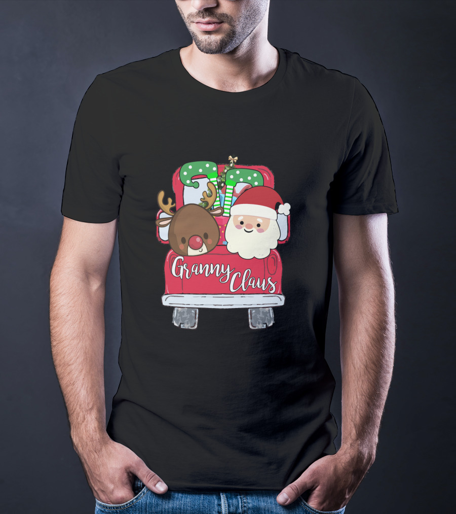 Granny Claus Santa And Reindeer In Christmas Car With Gifts T-Shirt