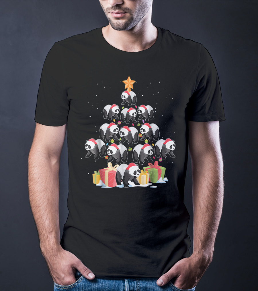 Funny Panda Christmas Tree Presents Star T-Shirt
