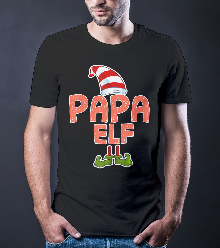 Papa Elf Funny Merry Christmas Striped Hat And Green Shoes T-Shirt