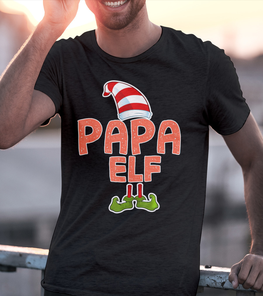 Papa Elf Funny Merry Christmas Striped Hat And Green Shoes T-Shirt