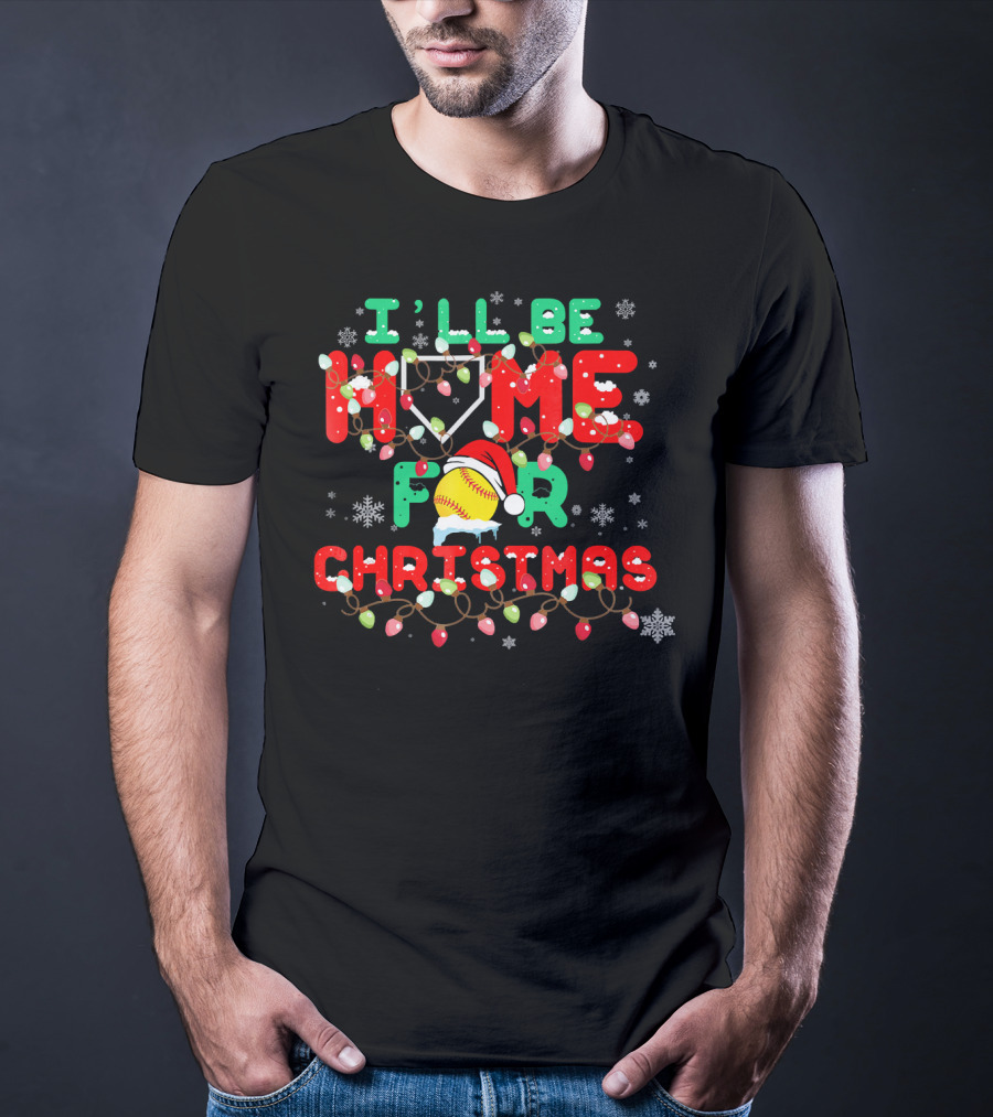 I'll Be Home For Christmas Xmas Funny Baseball Santa Hat Snowflakes Lights T-Shirt