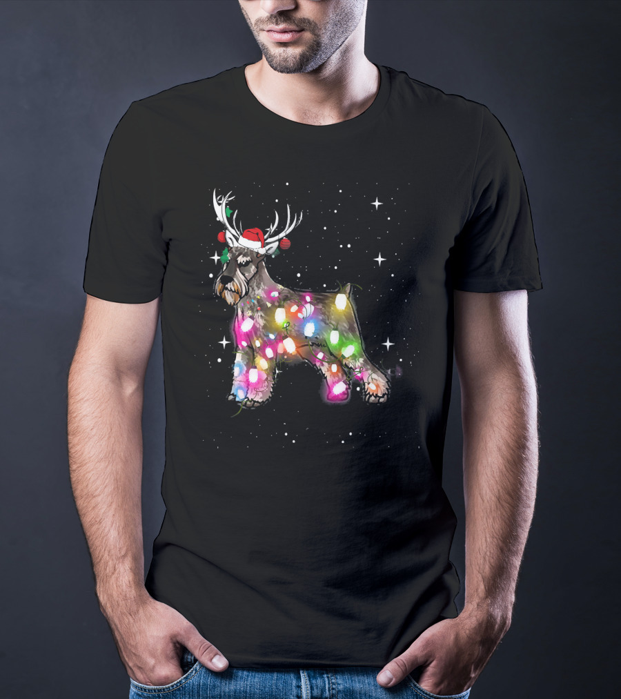 Festive Christmas Lights Standard Schnauzer With Santa Hat And Reindeer Antlers T-Shirt
