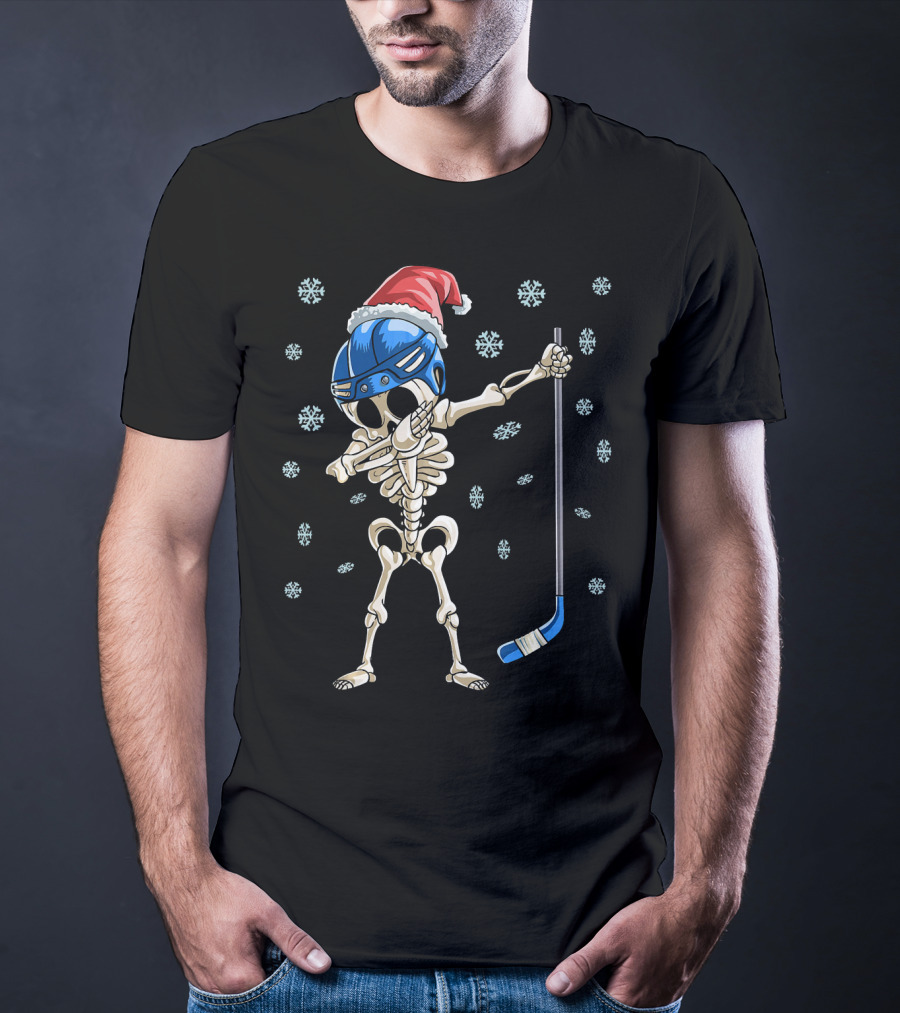 Santa Hat Dabbing Skeleton Ice Hockey With Snowflakes T-Shirt
