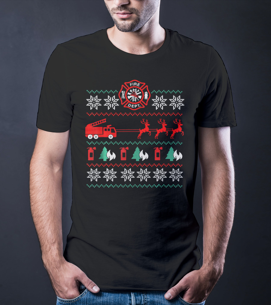 Fire Department Holiday Sweater Firetruck And Reindeer T-Shirt