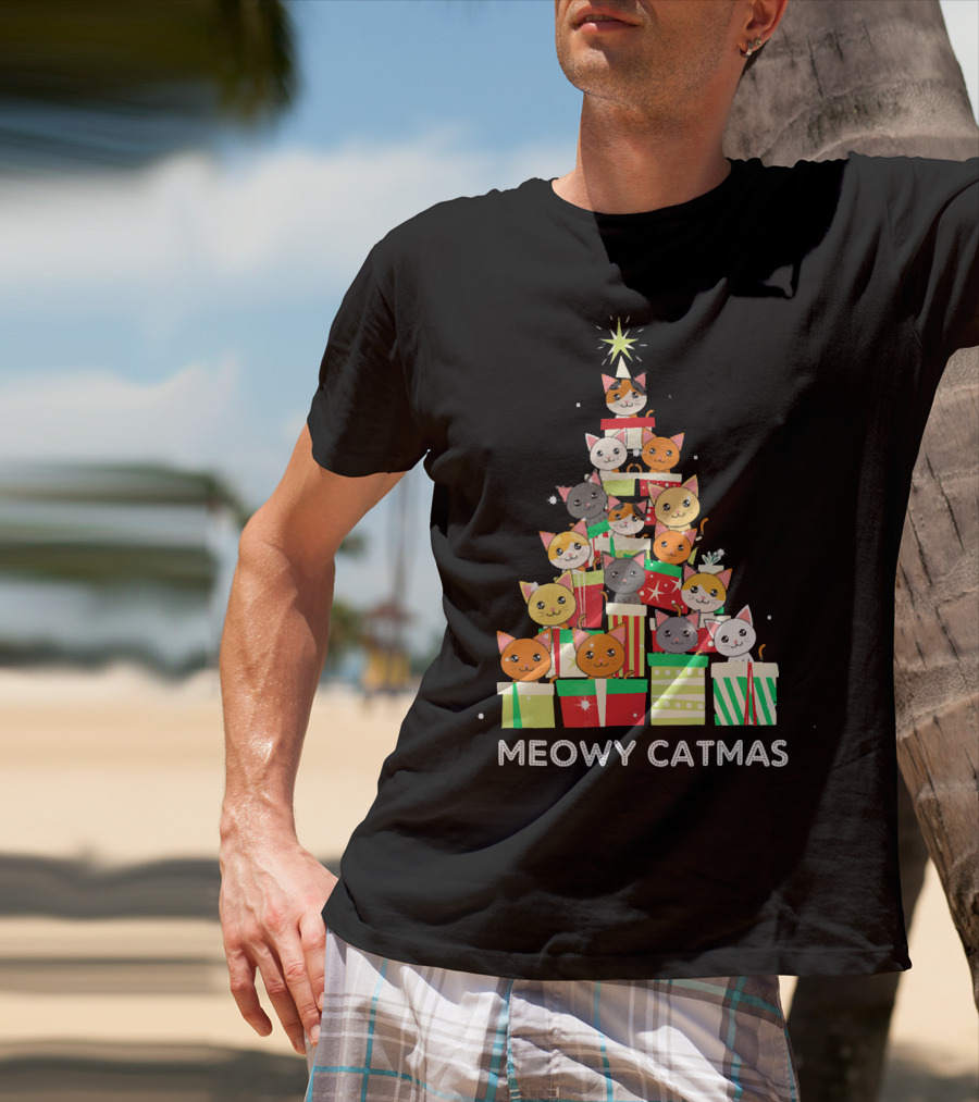 Meowy Catmas Funny Cat Christmas Tree Box T-Shirt