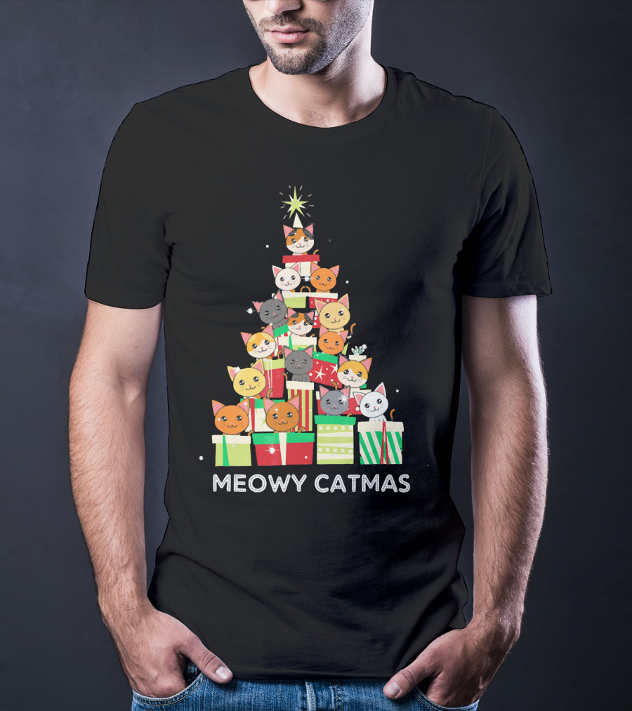 Meowy Catmas Funny Cat Christmas Tree Box T-Shirt