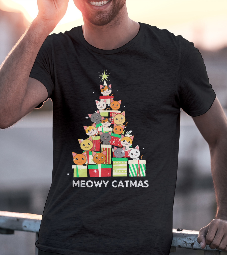 Meowy Catmas Funny Cat Christmas Tree Box T-Shirt