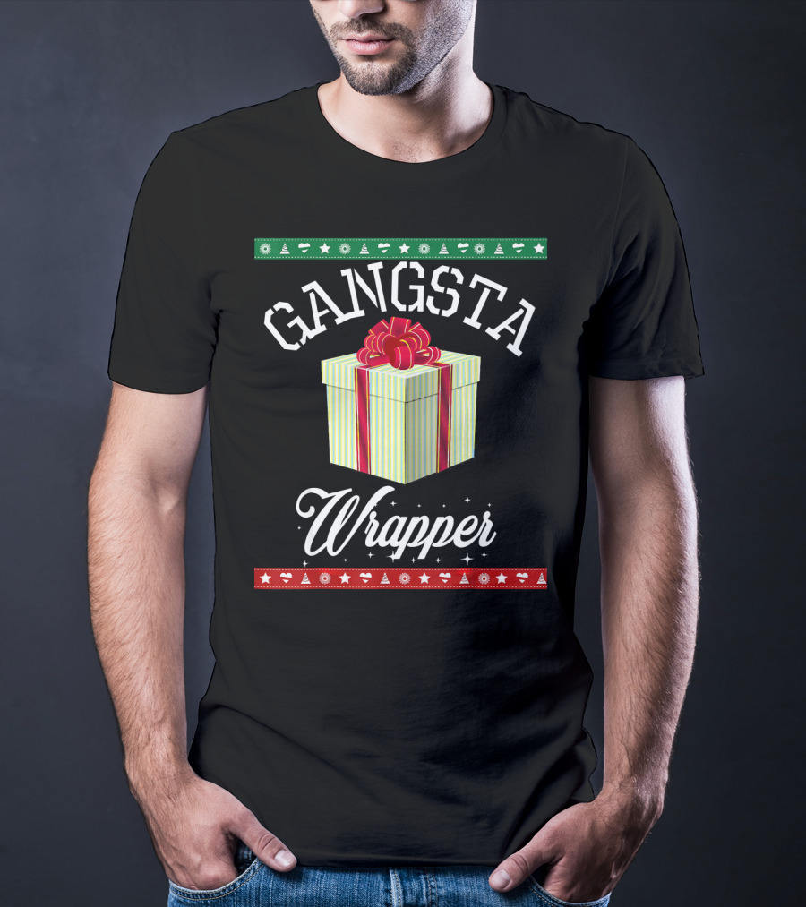 Gangsta Wrapper Funny Christmas Present With Gift Box And Festive Borders T-Shirt