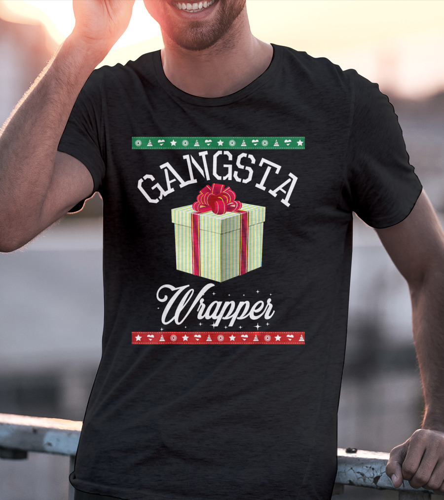 Gangsta Wrapper Funny Christmas Present With Gift Box And Festive Borders T-Shirt