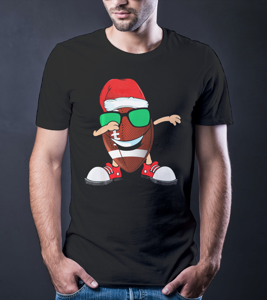Dabbing Football Wearing Santa Hat With Green Sunglasses And Red Sneakers T-Shirt