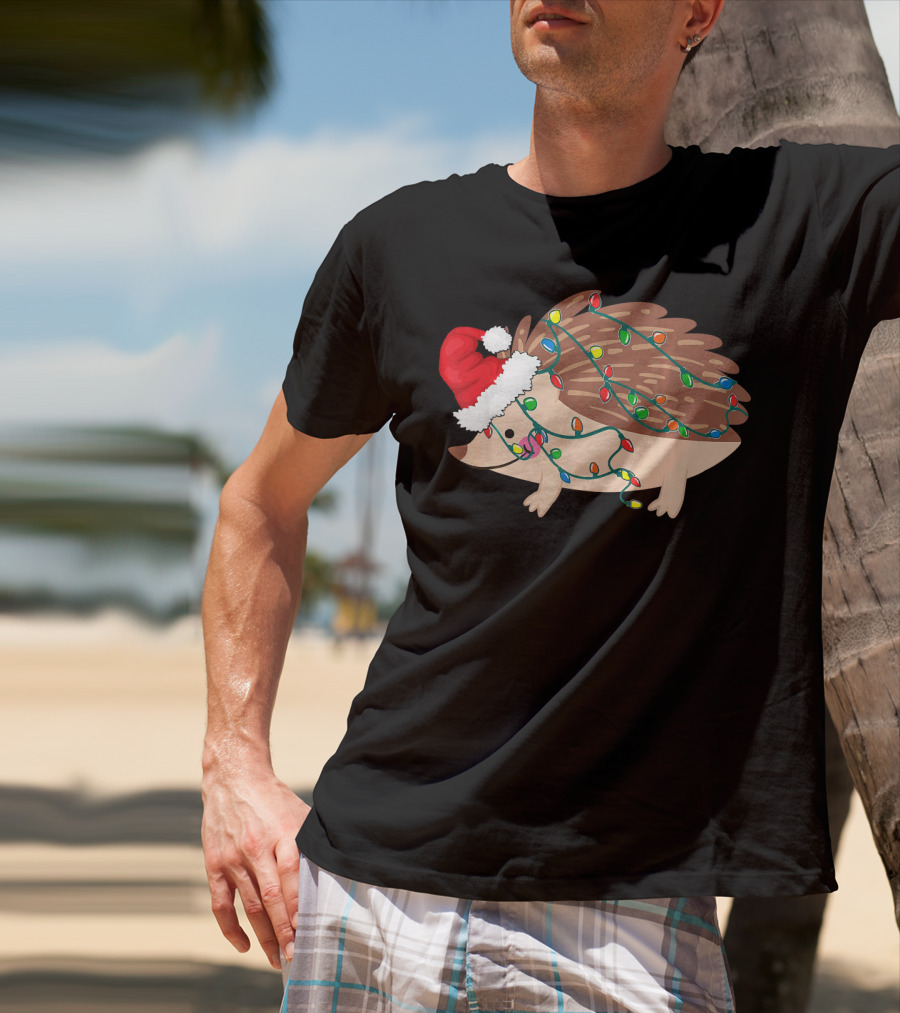 Hedgehog Christmas Lights Funny Santa Hat T-Shirt