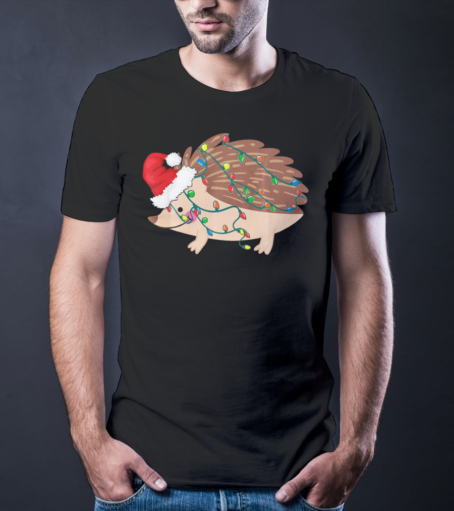Hedgehog Christmas Lights Funny Santa Hat T-Shirt