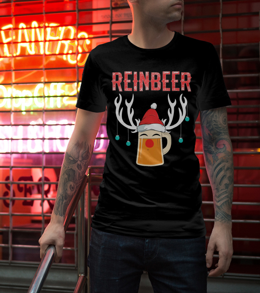 Reinbeer Christmas Antler Humor With Santa Hat Beer Mug T-Shirt