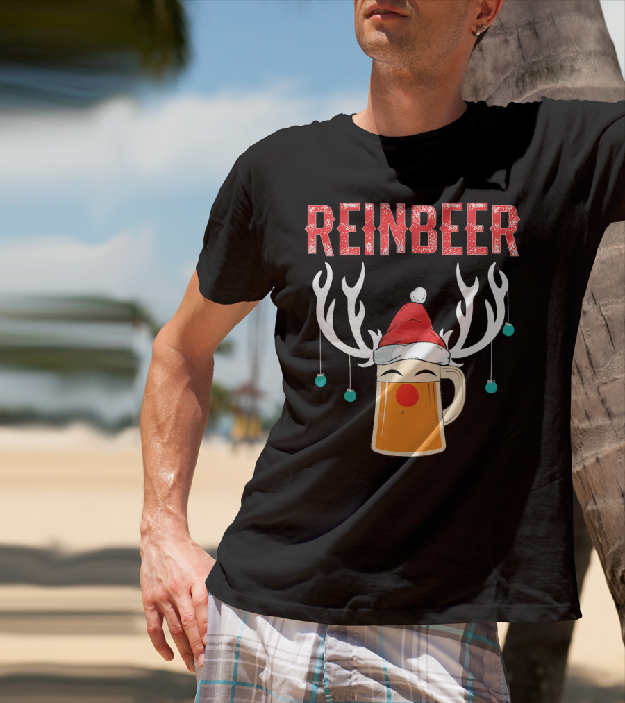 Reinbeer Christmas Antler Humor With Santa Hat Beer Mug T-Shirt