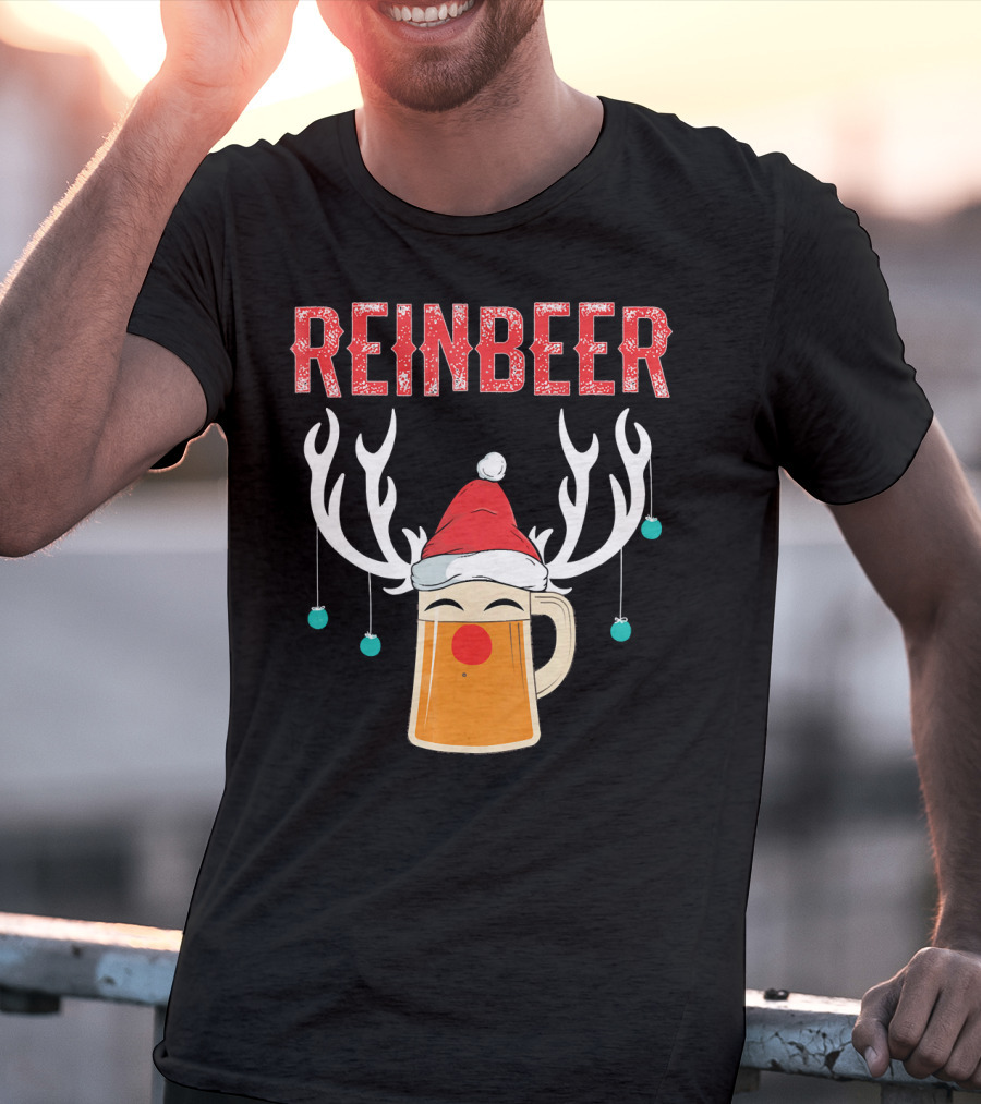 Reinbeer Christmas Antler Humor With Santa Hat Beer Mug T-Shirt