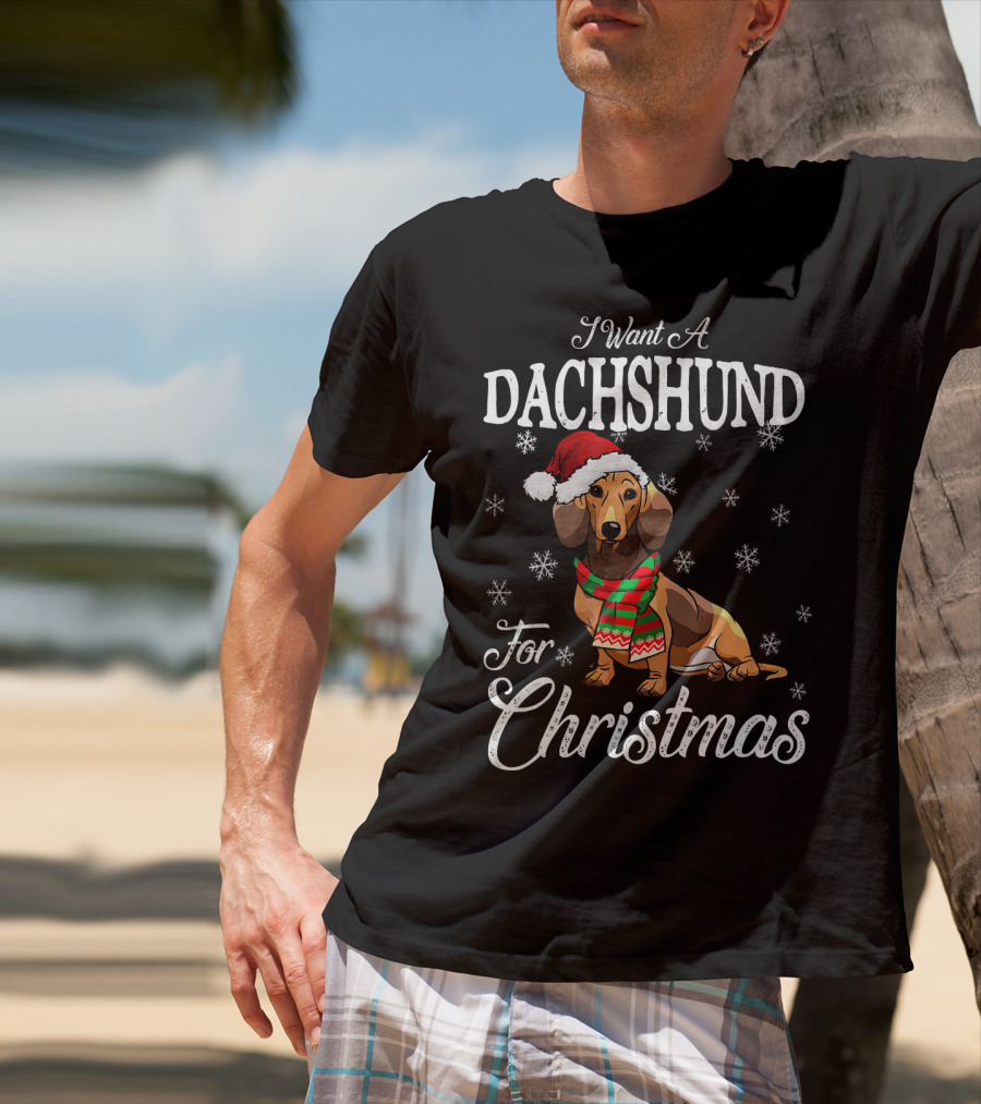 I Want A Dachshund Wearing Santa Hat And Scarf For Christmas Snowflakes T-Shirt