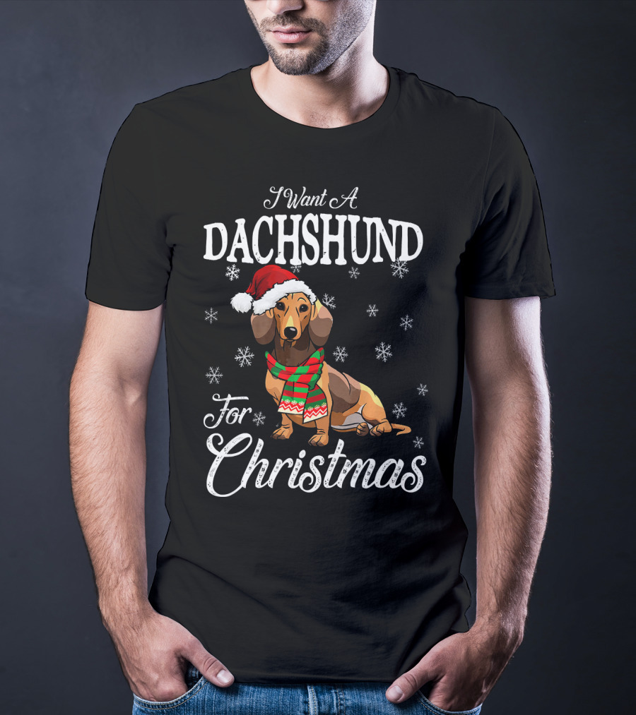 I Want A Dachshund Wearing Santa Hat And Scarf For Christmas Snowflakes T-Shirt