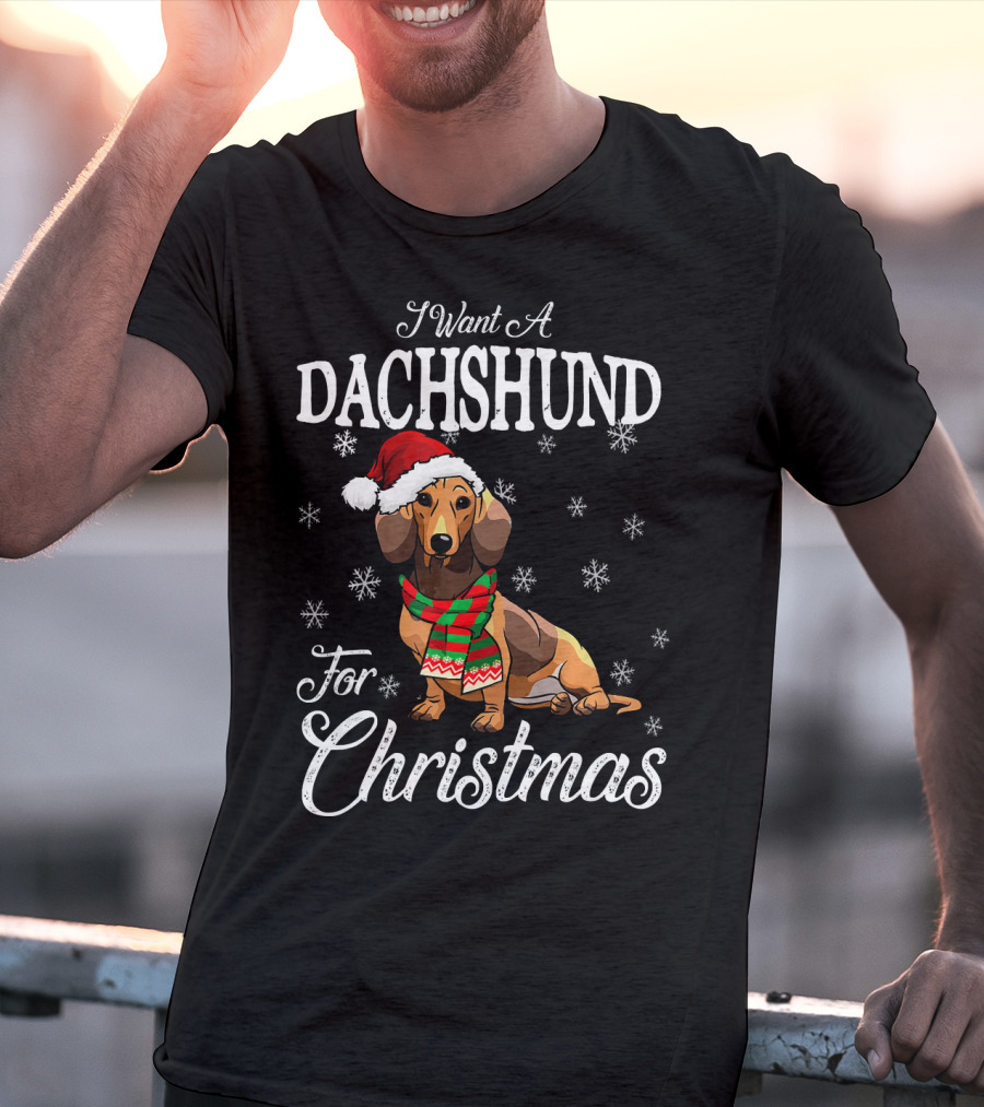 I Want A Dachshund Wearing Santa Hat And Scarf For Christmas Snowflakes T-Shirt