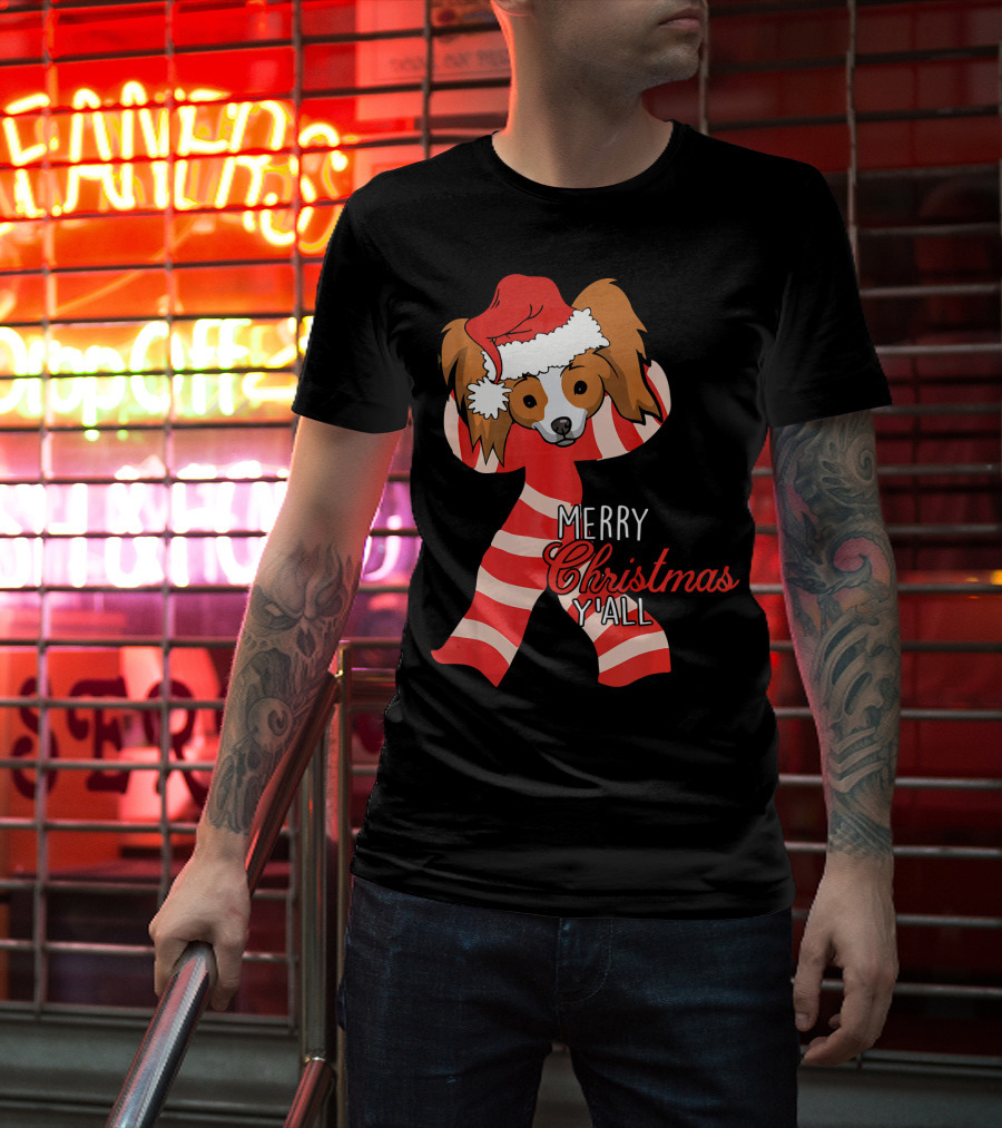 Papillon Dog Merry Christmas Y'all Santa Hat Striped T-Shirt