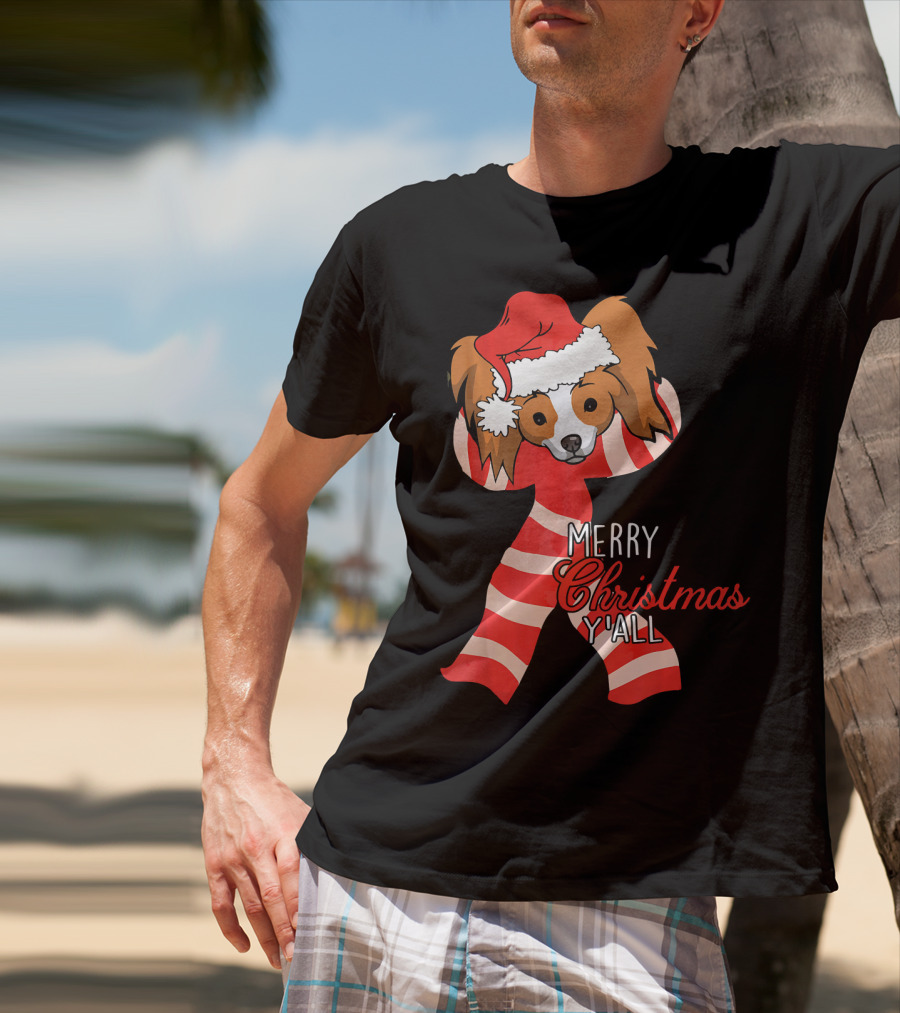 Papillon Dog Merry Christmas Y'all Santa Hat Striped T-Shirt