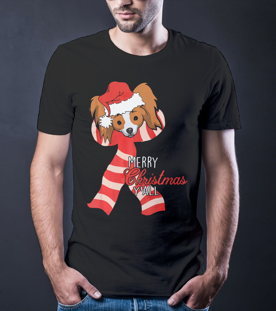 Papillon Dog Merry Christmas Y'all Santa Hat Striped T-Shirt