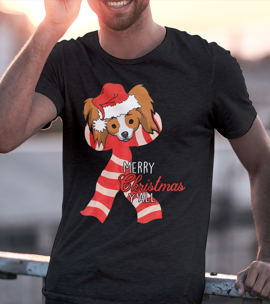 Papillon Dog Merry Christmas Y'all Santa Hat Striped T-Shirt