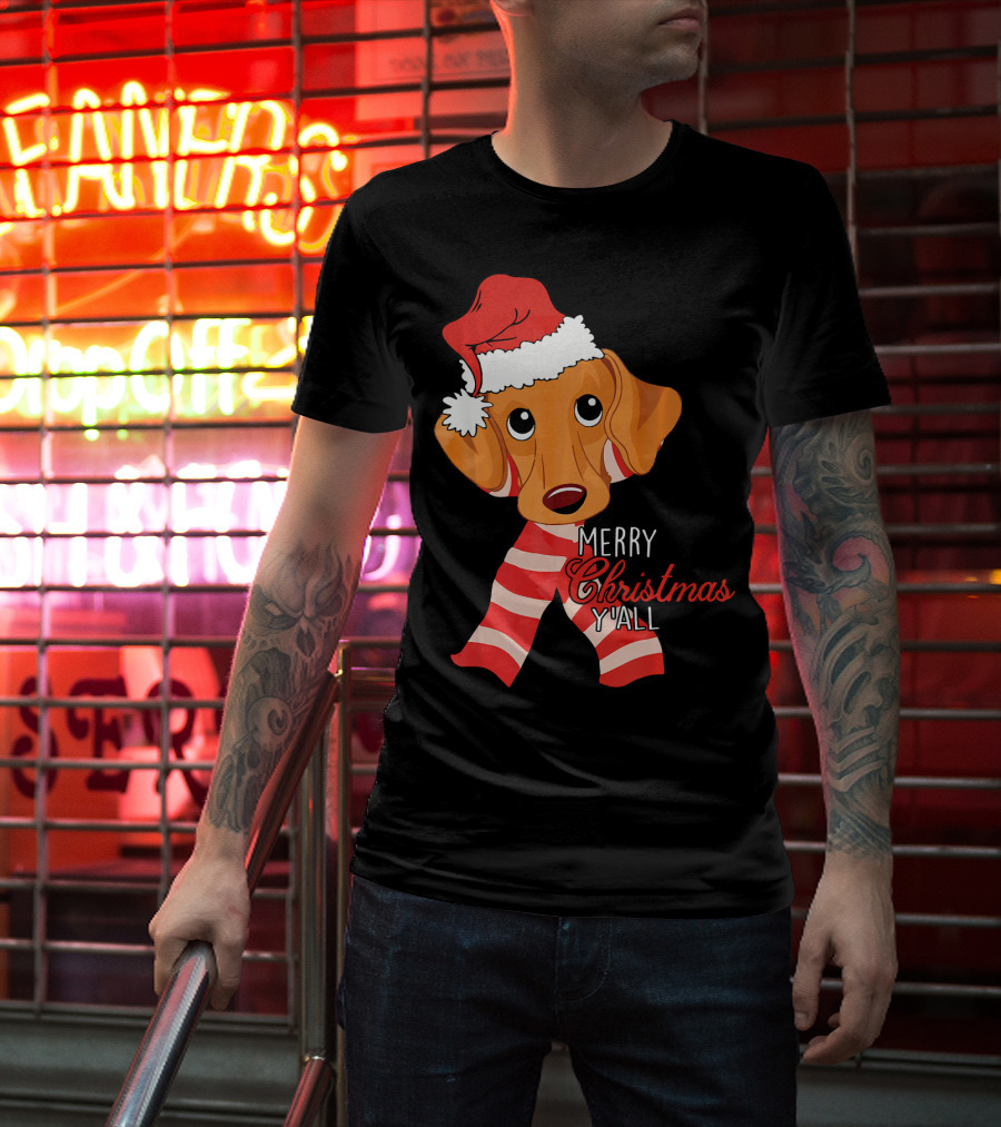 Merry Christmas Y'all Dachshund Dog Wearing Santa Hat And Striped Scarf T-Shirt