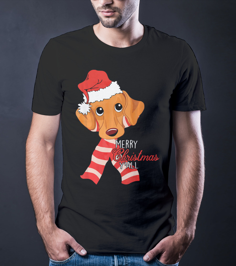 Merry Christmas Y'all Dachshund Dog Wearing Santa Hat And Striped Scarf T-Shirt