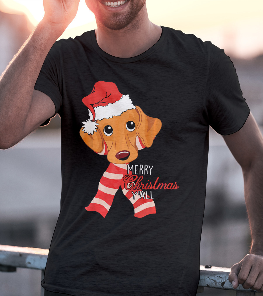 Merry Christmas Y'all Dachshund Dog Wearing Santa Hat And Striped Scarf T-Shirt