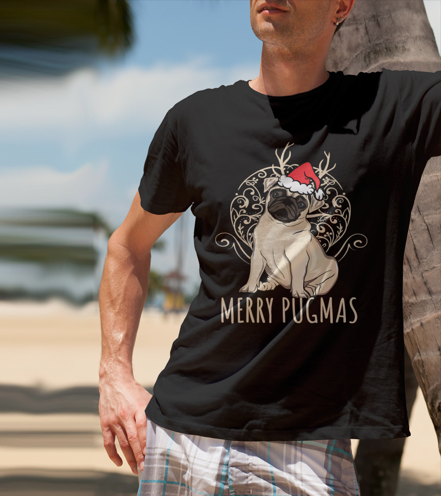 Merry Pugmas Funny Pug With Santa Hat And Antlers T-Shirt