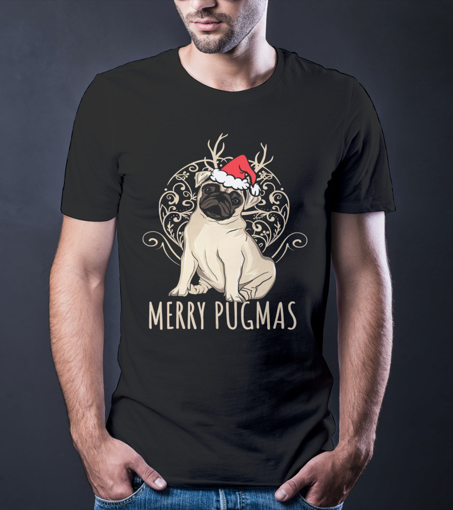 Merry Pugmas Funny Pug With Santa Hat And Antlers T-Shirt