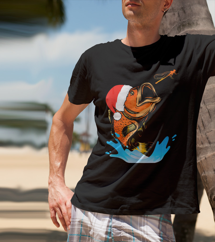 Bass Fishing Santa Hat Splashing Christmas Fish T-Shirt