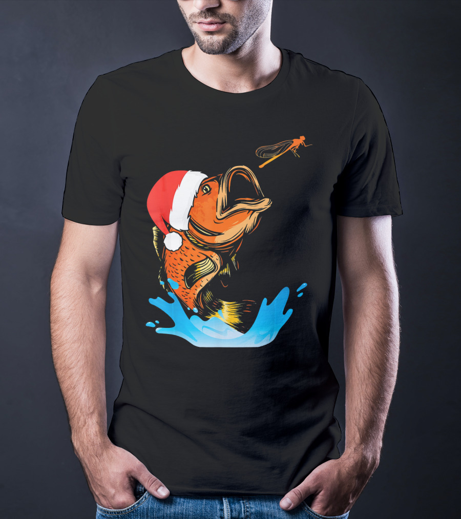 Bass Fishing Santa Hat Splashing Christmas Fish T-Shirt