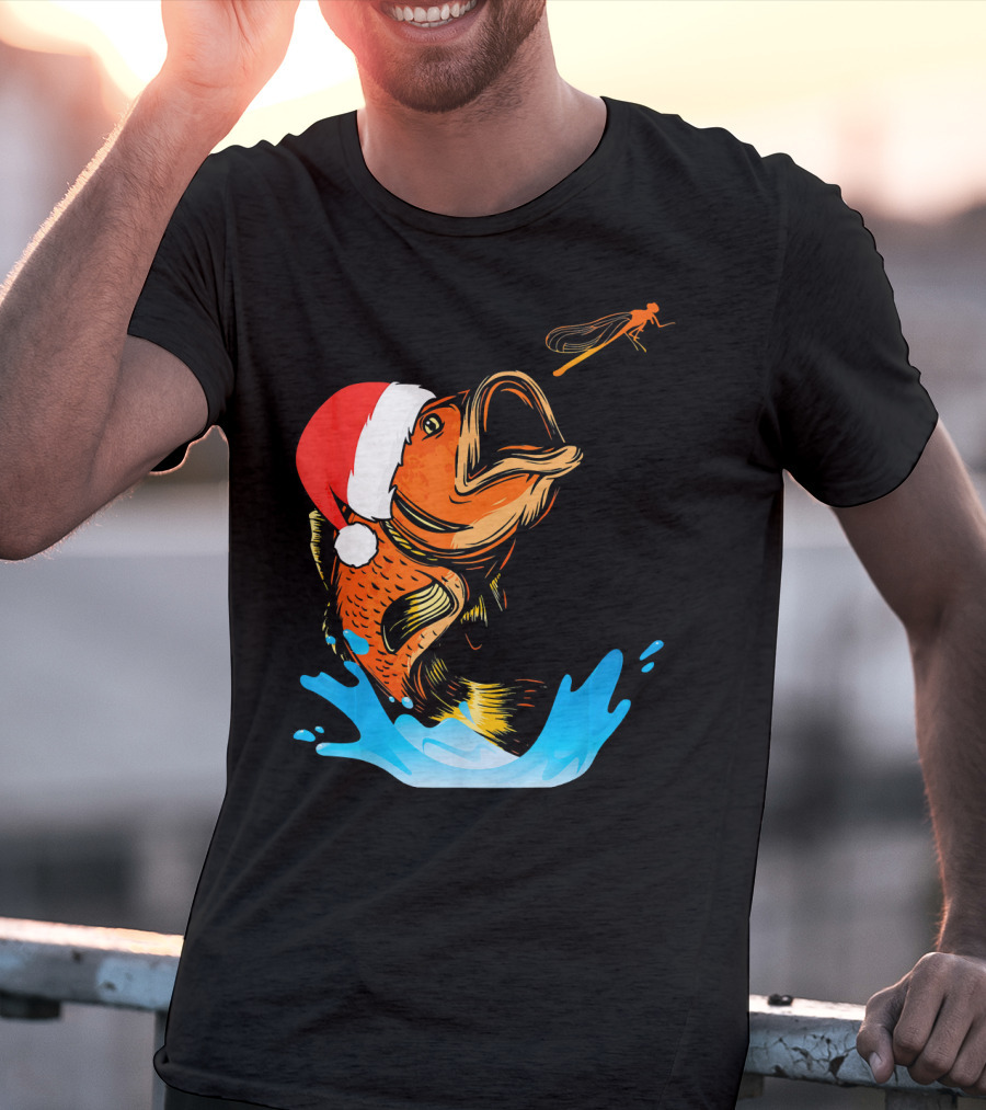 Bass Fishing Santa Hat Splashing Christmas Fish T-Shirt