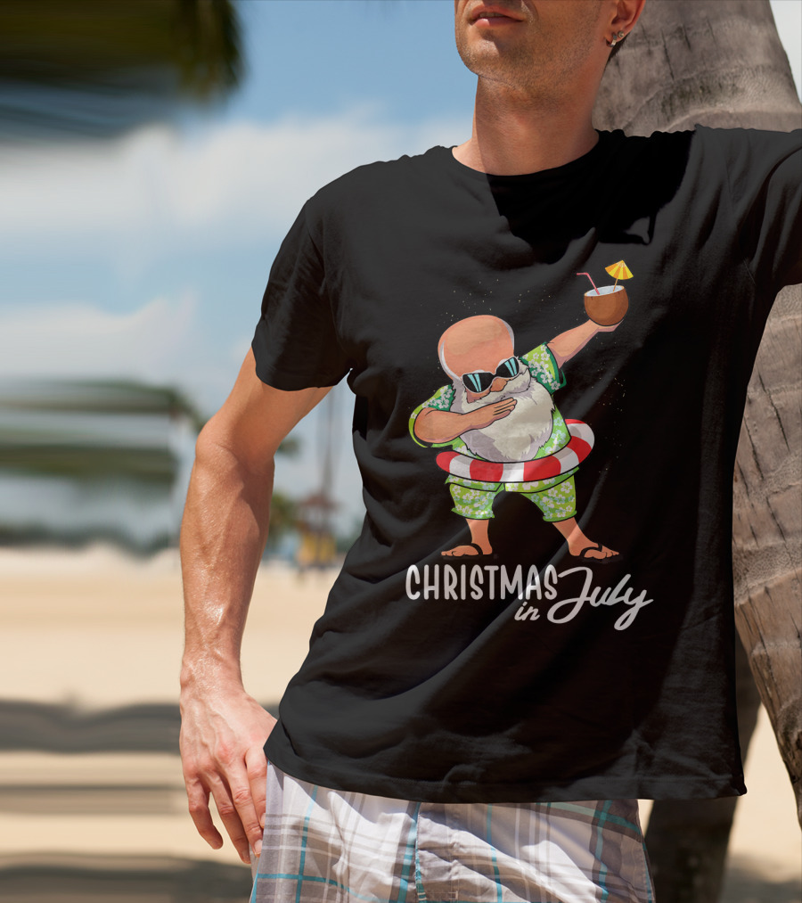 Dabbing Santa Christmas In July Coconut Drink Sunglasses Summer Fun T-Shirt