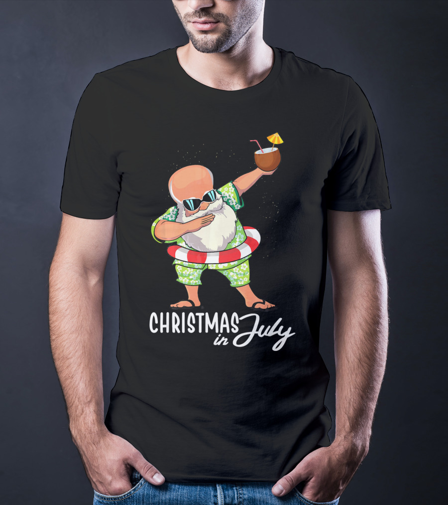 Dabbing Santa Christmas In July Coconut Drink Sunglasses Summer Fun T-Shirt