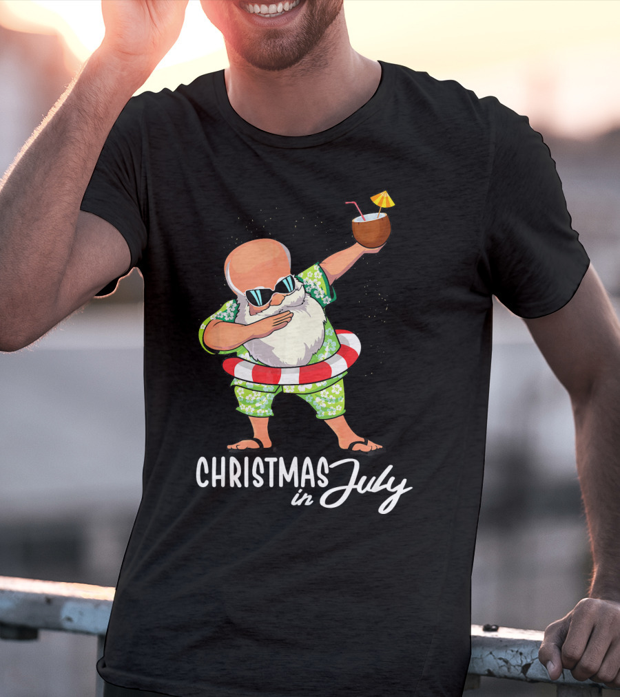 Dabbing Santa Christmas In July Coconut Drink Sunglasses Summer Fun T-Shirt