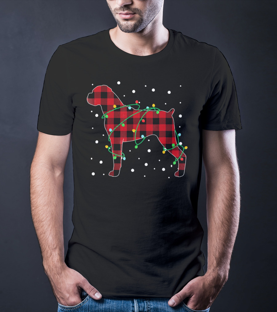 Red Plaid Boxer With Christmas Lights And Snowflakes T-Shirt