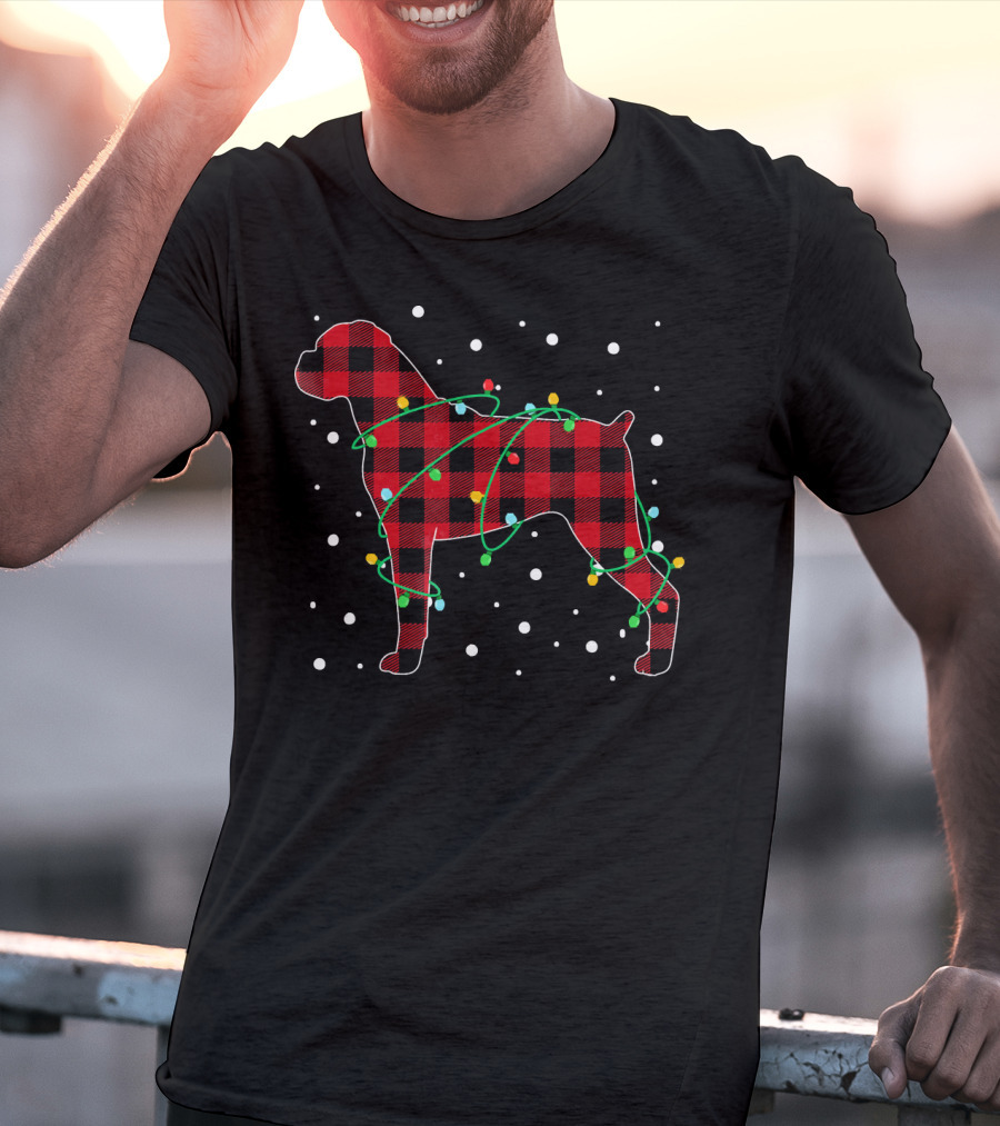 Red Plaid Boxer With Christmas Lights And Snowflakes T-Shirt