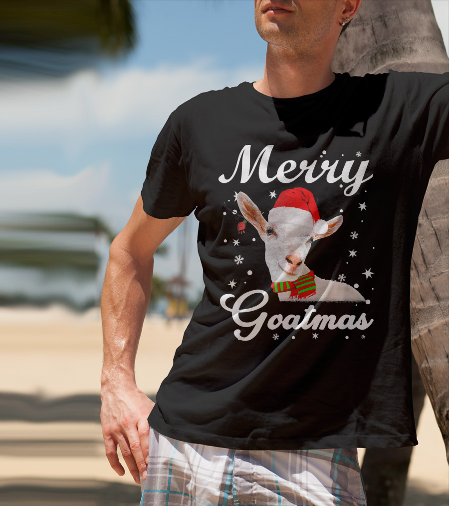 Merry Goatmas Santa Hat Snowflakes Festive Goat T-Shirt